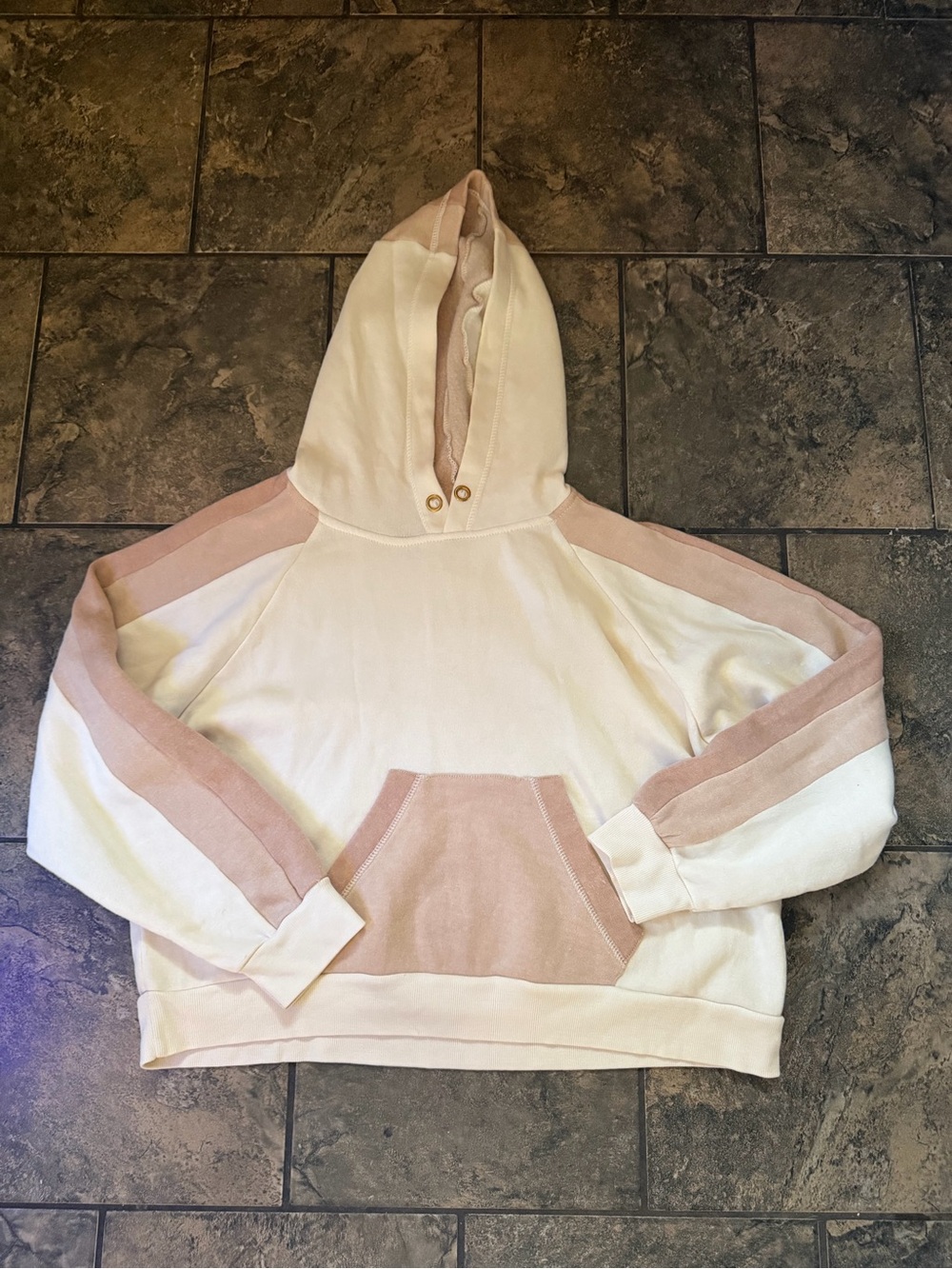 Vintage Havana Cream Hoodie with Tan/Blush Colorblock Panels - Picture 2 of 7
